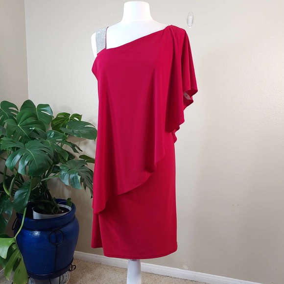 R&M Richards Asymmetric Knee-Length Dress with Draped Shoulder  Size 8 - Picture 2 of 7